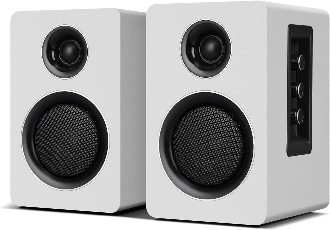 61X1xLSy7L._AC_SL1500_.jpg Computer Speakers for Desktop PC, Active Bookshelf Speaker with 3‘’ Carbon Fiber Woofer and Silk Film Tweeter ,Supports Bluetooth 5.3, USB-C, AUX/RCA Input for Record Player TV - White Stereo Set - Image 1