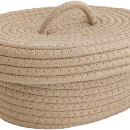 Desktop Storage Box with Lid, Handmade Cotton Rope Storage Basket for Makeup Sundries Snack Needles(Khaki)