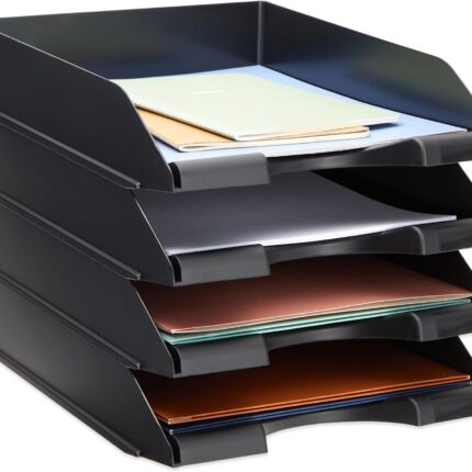 4 Pack Black Stackable Paper Trays for  Documents, Desktop File Organizers for Office Supplies, Stackable Desk Tray Holder for Paper Storage (10 x 13.45 x 2.5 in)