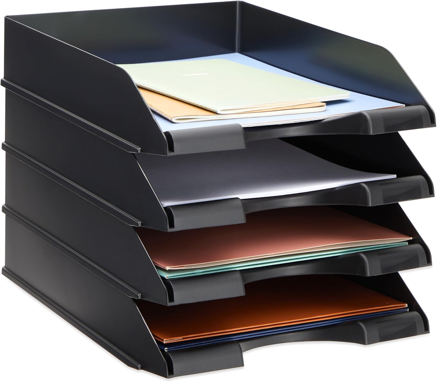 71VErSH3acL._AC_SL1500_.jpg 4 Pack Black Stackable Paper Trays for Documents, Desktop File Organizers for Office Supplies, Stackable Desk Tray Holder for Paper Storage (10 x 13.45 x 2.5 in) - Image 1