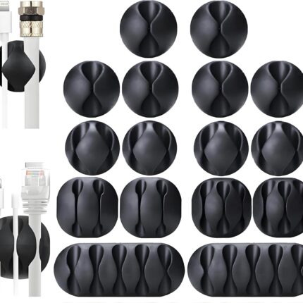 16-Pack Black Cord Organizer - Adhesive Cable Clips Holder for Desk, Wall, Car - Wire Management Clips for  Charger, USB, Computer Cables - No-Slip Cord Keepers with Strong Sticky Backing