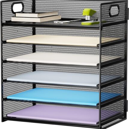 6 Tier Paper Organizer  Tray - Mesh Desk File Organizer with Handle, Paper Sorter Organizer for /A4 Office File Folder Holder - Black